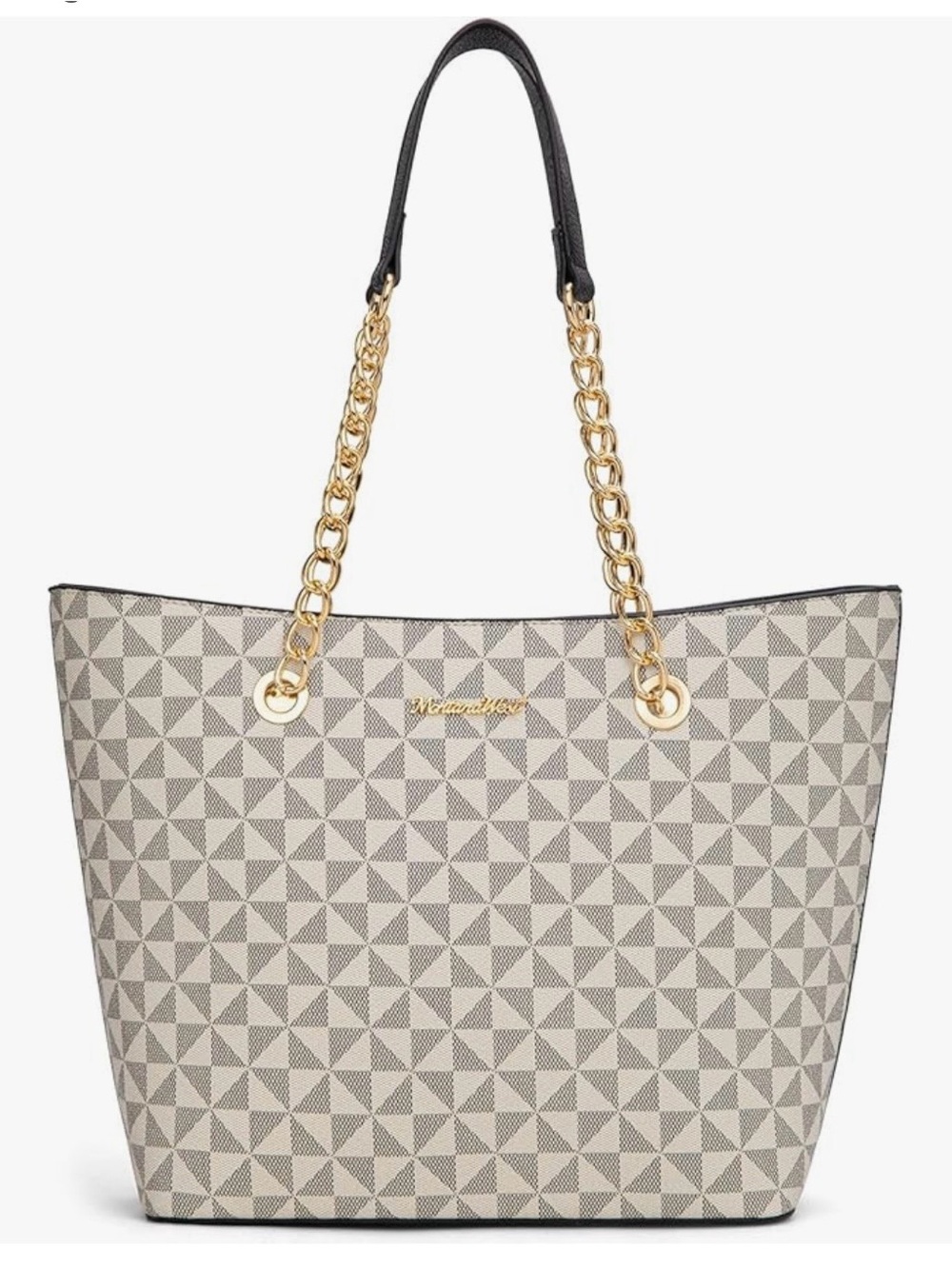 Montana West Cream and Gray Geometric Tote with Gold Chain Straps